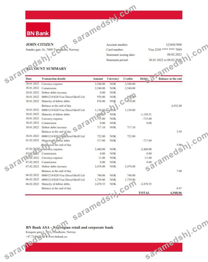 Norway BN Bank statement